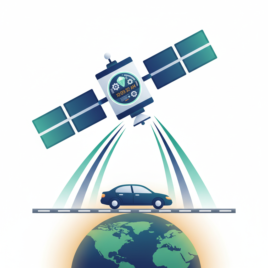 Спутник GPS с атомными часами на орбите над Землёй передаёт радиосигнал автомобилю.