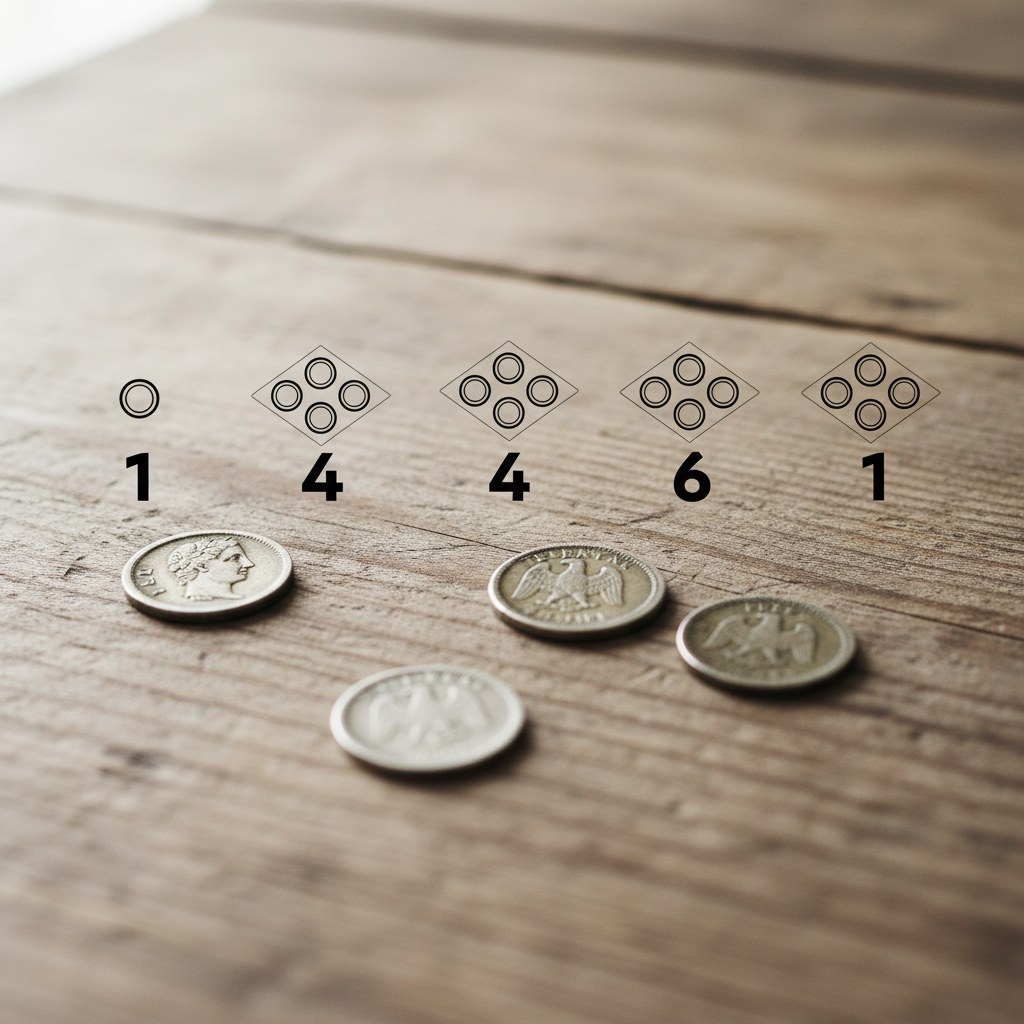 Четыре монеты на столе и пять групп комбинаций орлов: 1, 4, 6, 4, 1 способов
