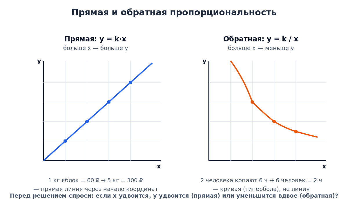 Прямая и обратная пропорции: сравнение графиков y = kx и y = k/x