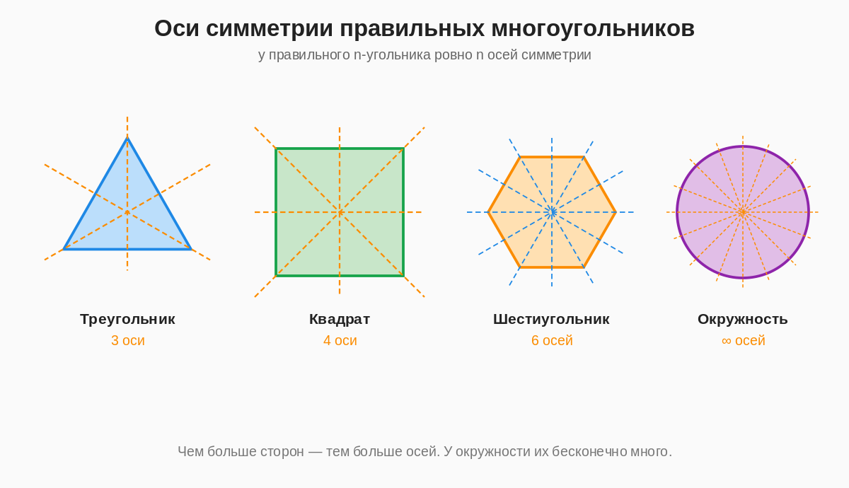 Оси симметрии правильных многоугольников: 3, 4, 6 и бесконечно много у круга