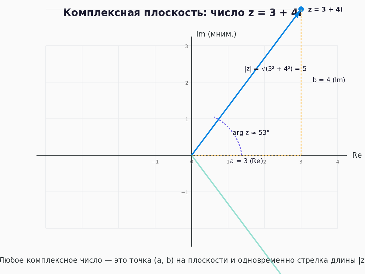 Комплексная плоскость: число 3+4i как точка с координатами (3, 4). Модуль = 5, аргумент ≈ 53°.