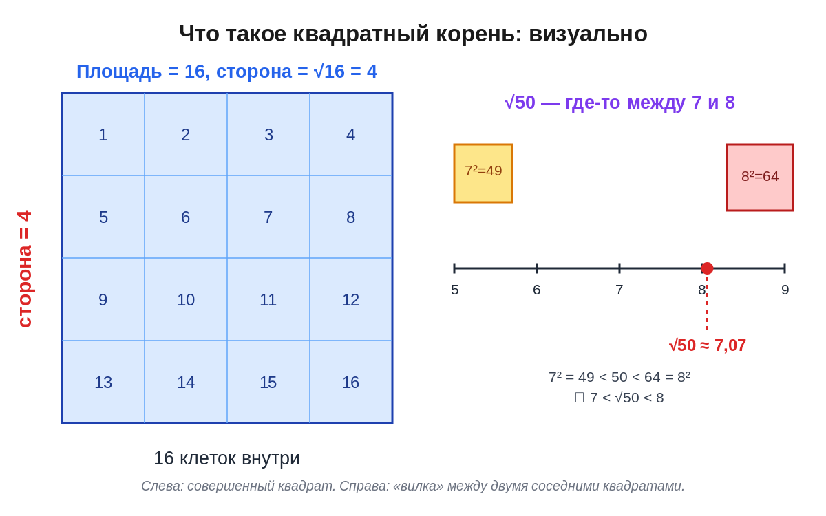 Что такое квадратный корень: 4×4=16 и где находится √50 на числовой прямой