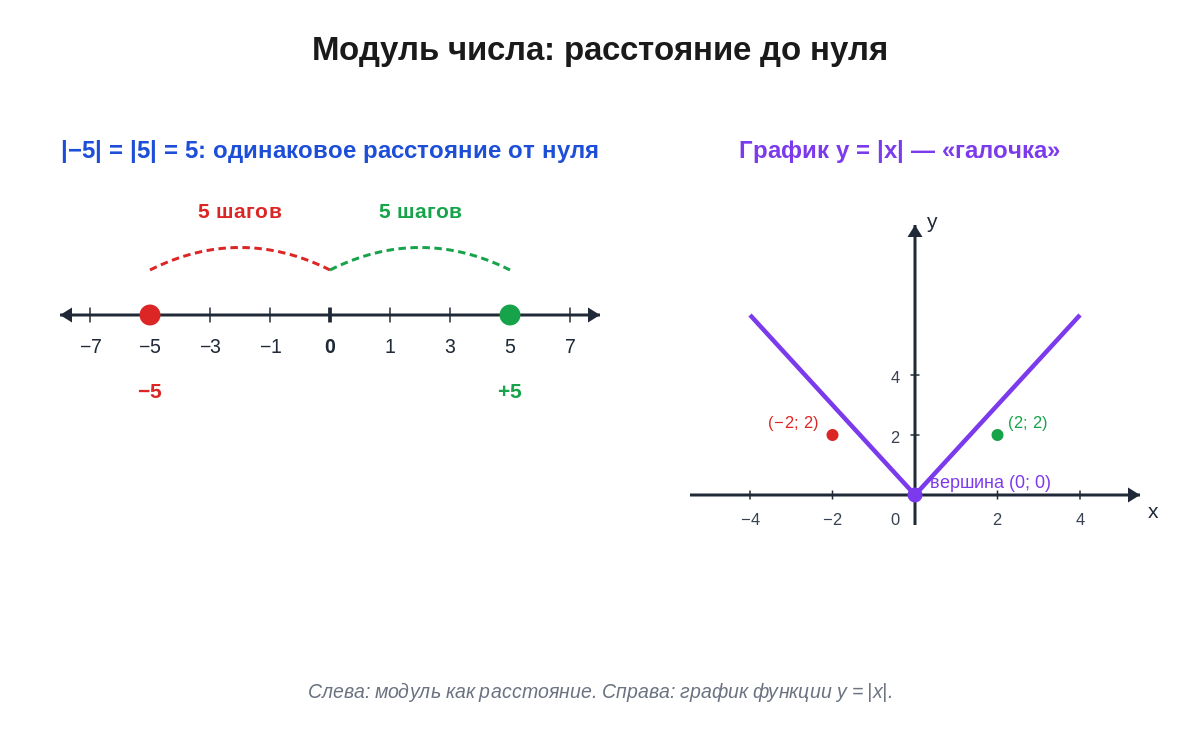 Модуль числа: |−5|=|5|=5 на числовой прямой и график y=|x|