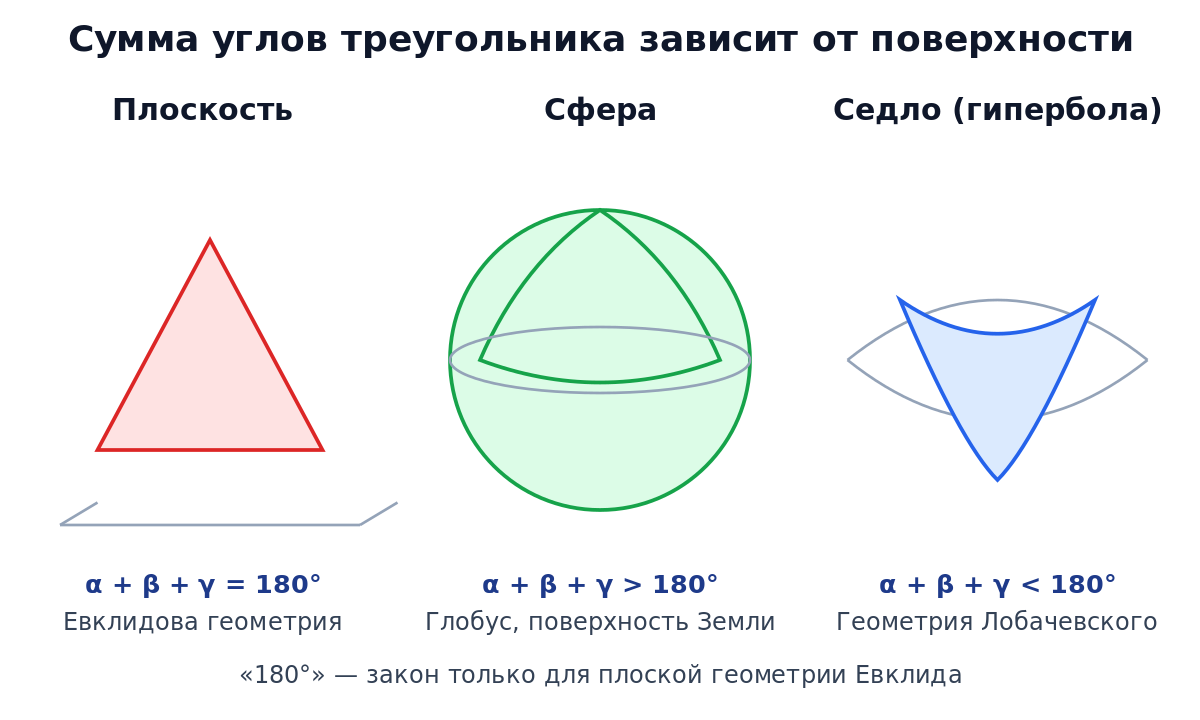 Три треугольника на разных поверхностях: плоскость (180°), сфера (>180°) и седло (<180°)