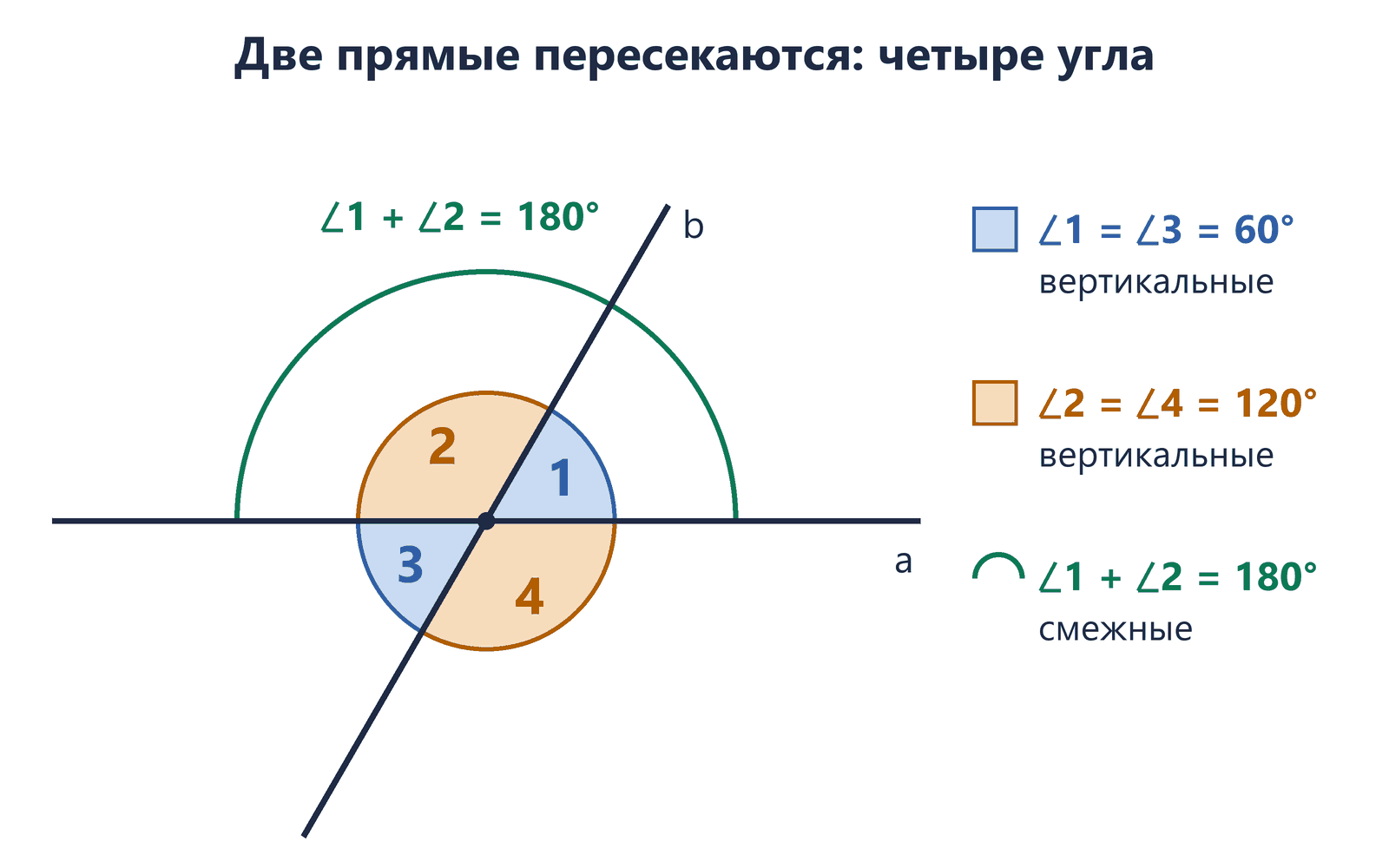 Две прямые пересекаются под углом 60°: вертикальные углы 1 и 3 по 60° и углы 2 и 4 по 120° закрашены попарно, смежные углы 1 и 2 вместе дают 180°